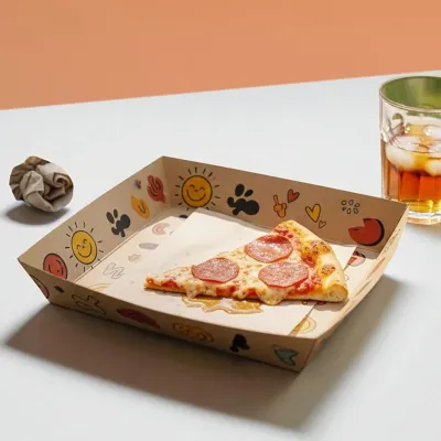Printed food tray with a patterned design holding pizza slices