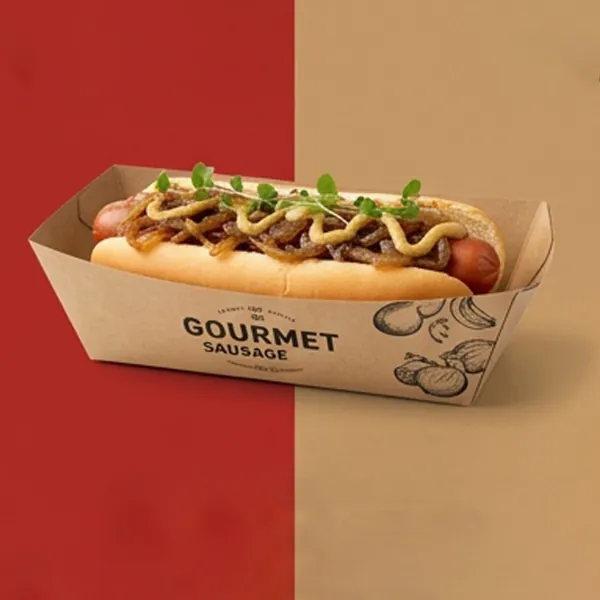 Kraft hot dog tray printed with a gourmet sausage design holding a loaded hot dog