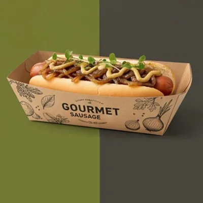 Kraft hot dog tray with a printed line-art design holding a hot dog with mustard and herbs