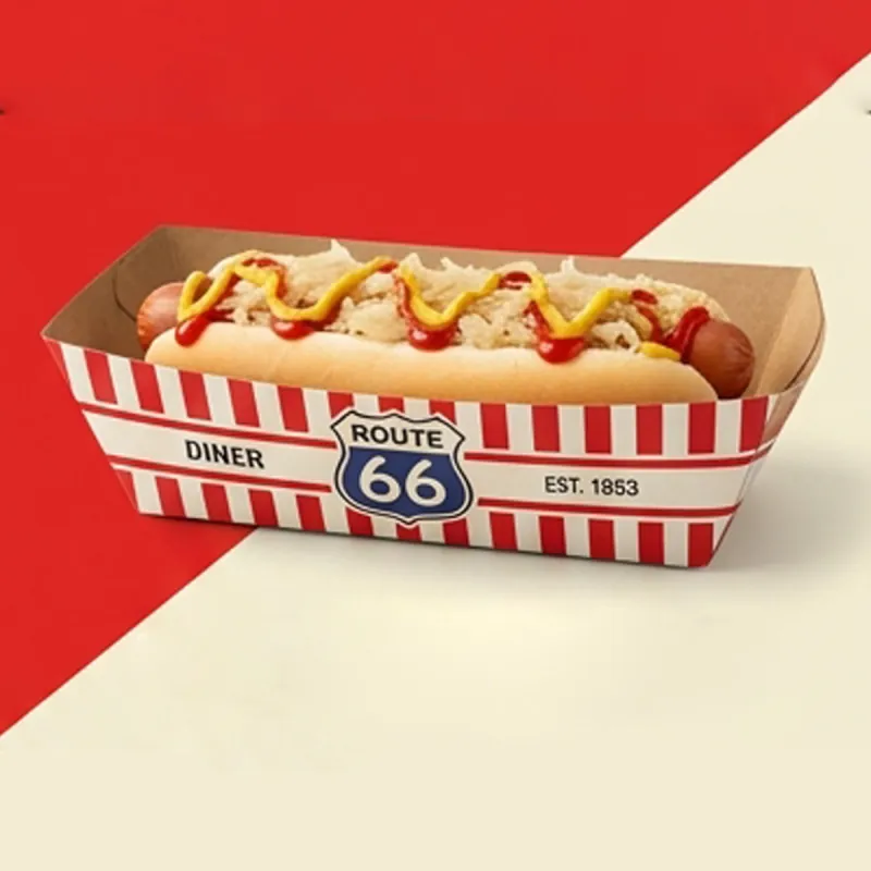 Red and white striped diner hot dog tray printed with a highway badge motif