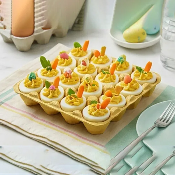 Moulded fibre deviled egg tray holding filled egg halves decorated for spring