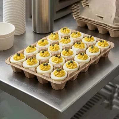 Moulded fibre deviled egg trays filled with piped egg halves in a commercial kitchen