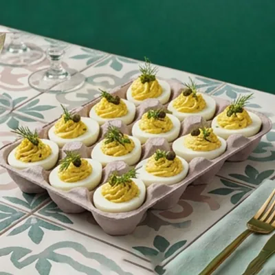 Grey moulded fibre deviled egg tray holding twenty filled egg halves