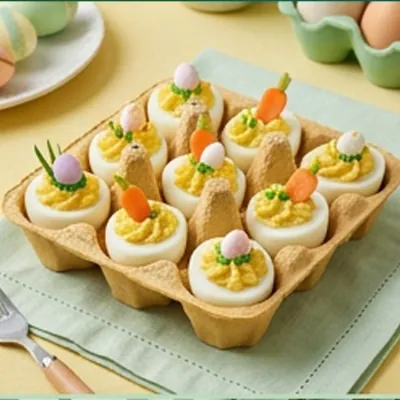 Kraft moulded fibre deviled egg tray with decorated filled egg halves