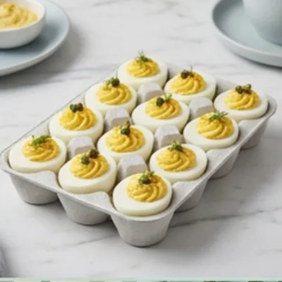 White moulded fibre tray holding twelve piped deviled egg halves