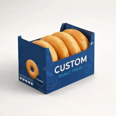 Printed blue donut display box holding a row of glazed ring doughnuts