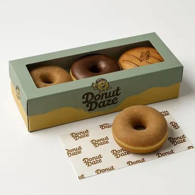 Green window donut box showing glazed doughnuts through a clear panel
