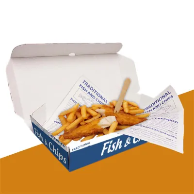 Hinged fish and chips box open, holding fried fish and chips with a wooden fork