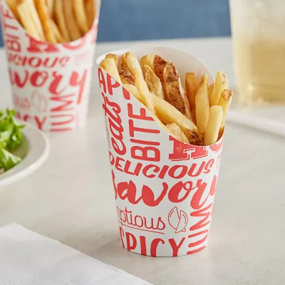 Printed fry scoops holding straight-cut fries on a counter