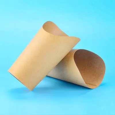 Two plain kraft fry scoops shown empty on a blue background