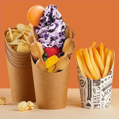 Kraft scoops and cups holding fries, popcorn and ice cream