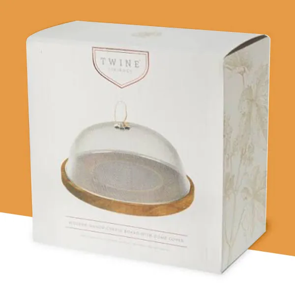 Rectangular grazing board with a fitted clear dome holding a compartmented charcuterie selection