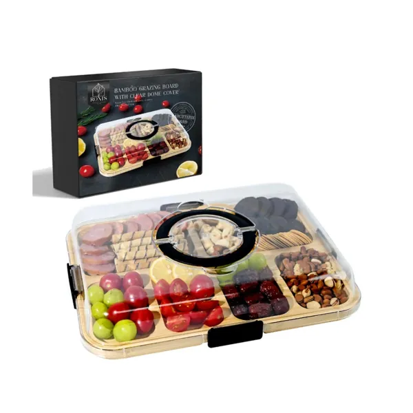 Rectangular grazing board with a fitted clear dome holding a compartmented charcuterie selection