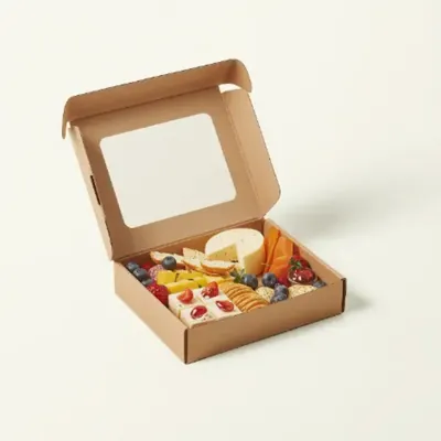 Kraft charcuterie box with a window lid showing a cheese and fruit arrangement
