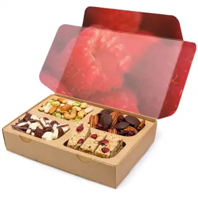 Kraft charcuterie box with compartments holding cured meats, cheese, nuts and dried fruit