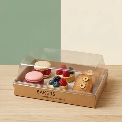 Kraft dessert tray with a clear dome holding macarons and fruit tartlets