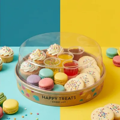Round domed dessert tray holding cupcakes and macarons