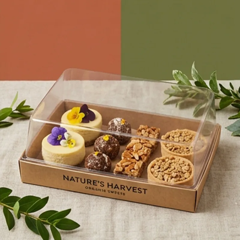 Kraft dessert tray with a clear dome holding tartlets and decorated patisserie