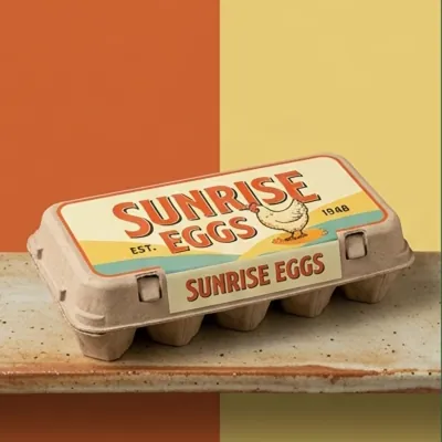 Printed egg carton band in a retro design on a fibre carton