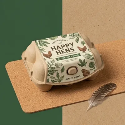 Moulded fibre egg carton with an illustrated printed wrap