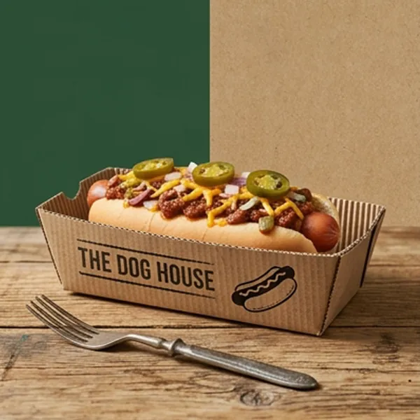 Printed kraft hot dog tray holding a loaded chilli cheese dog with jalapeños