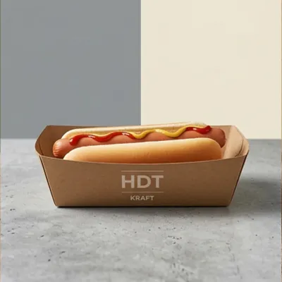 Plain kraft hot dog tray holding a hot dog with mustard and ketchup