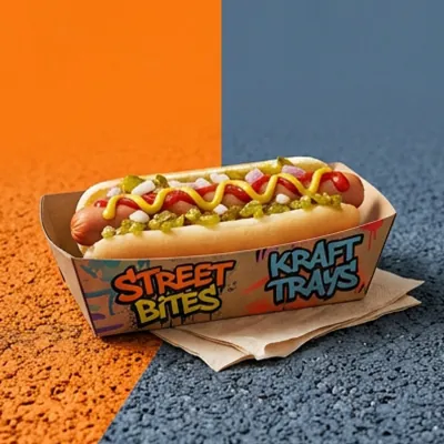 Brightly printed hot dog tray holding a loaded hot dog on a street food background