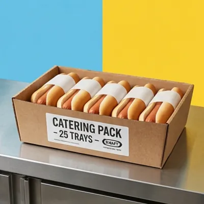 Kraft catering pack of hot dog trays loaded with plain hot dogs on a service rack