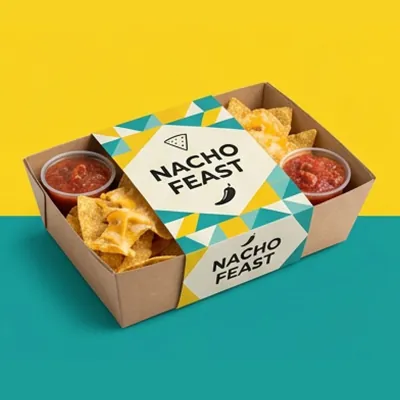 Kraft nacho tray with tortilla chips and two salsa wells, printed with a teal geometric design