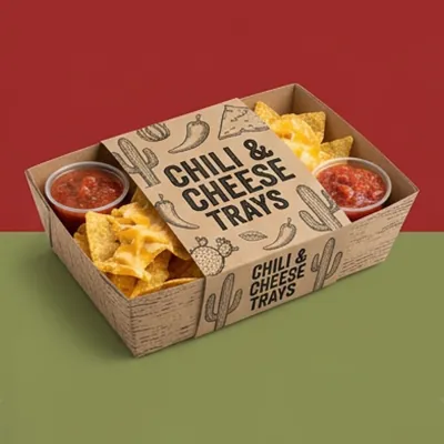 Nacho tray of chips and salsa printed with a chilli and cheese illustration on kraft board