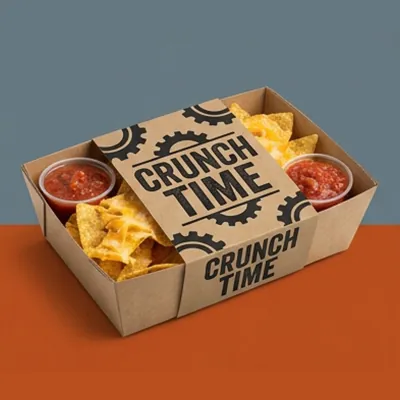 Kraft nacho tray with chips and two dip wells printed with a bold monochrome design