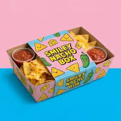 Brightly printed nacho tray with chips and dip wells on a pink and blue background