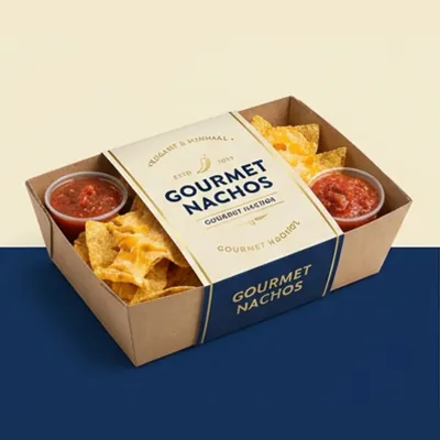 Kraft nacho tray with a restrained printed sleeve design and two filled salsa wells