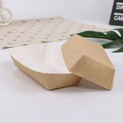 Empty natural kraft paper food tray shown open and inverted to show the folded corners