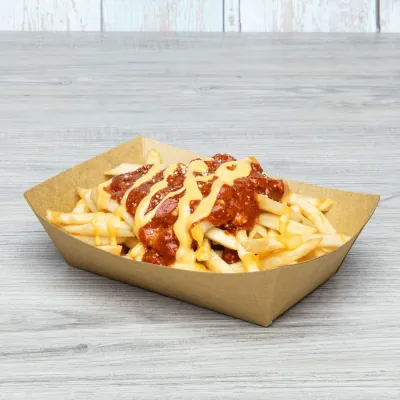 Kraft paper food tray holding loaded fries topped with cheese sauce