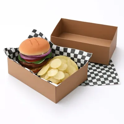 Deep kraft food tray with a burger and pickles on a checked liner
