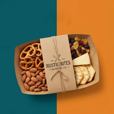 Divided kraft snack tray of pretzels, nuts, cheese and crackers behind a printed paper sleeve