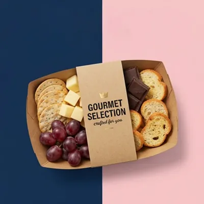 Kraft snack tray with grapes, cheese cubes and crackers under a printed gourmet selection sleeve