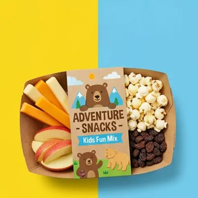 Kids snack tray of apple slices, cheese, popcorn and dried fruit with an illustrated sleeve