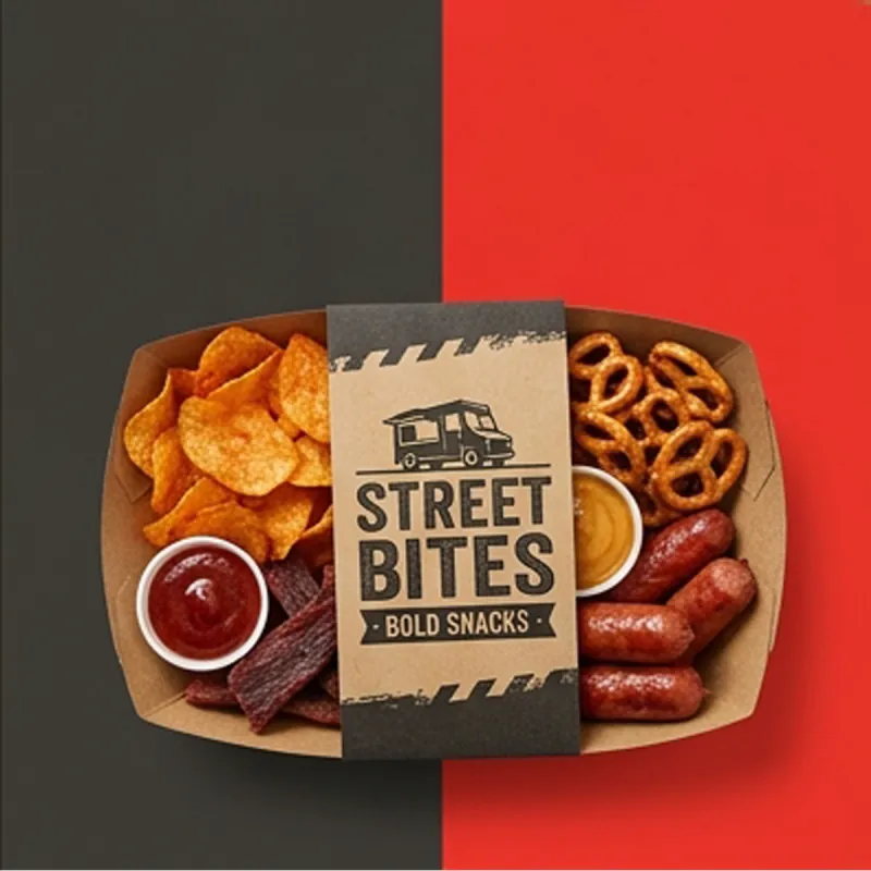 Kraft snack tray holding crisps, pretzels, sausage and a dip pot behind a dark printed sleeve