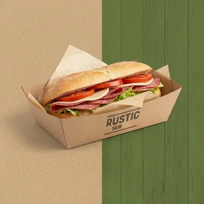 Kraft sub tray holding a filled Italian sub with a printed rustic sub design on the side wall