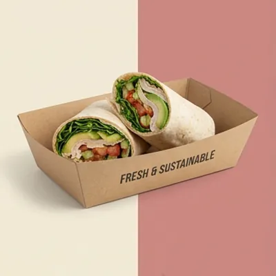 Kraft sub tray holding a halved wrap, with printed branding along the side