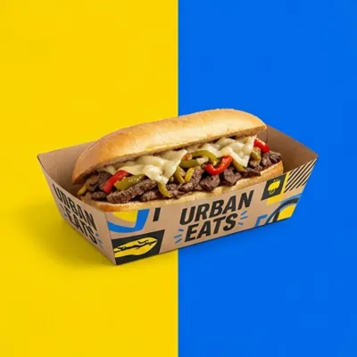 Printed sub tray in blue and yellow holding a hot steak and cheese sub