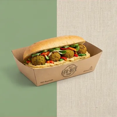 Kraft sub tray with a falafel and salad sub, printed with a small logo on the front wall