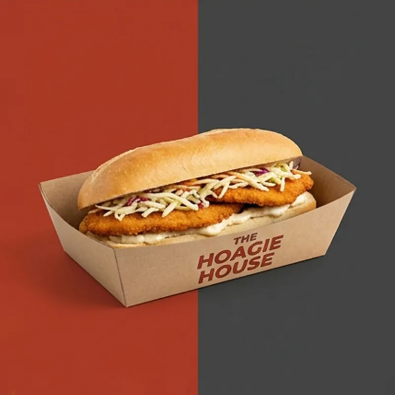 Dark printed sub tray holding a chicken parmesan sub with melted cheese