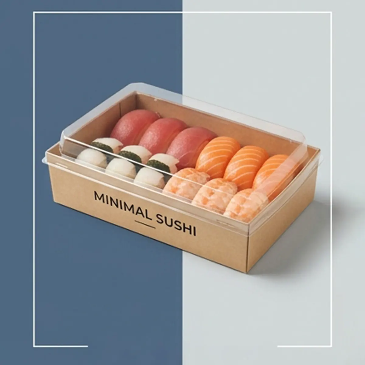 Kraft sushi tray with a clear lid holding a row of nigiri