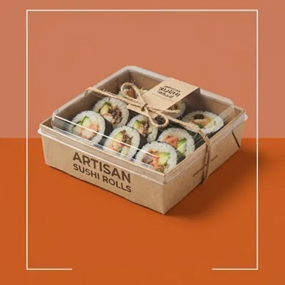 Kraft sushi tray with a clear lid holding assorted maki rolls