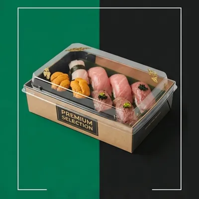Dark printed sushi tray with a clear lid holding a premium sushi selection