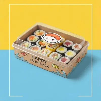 Brightly printed sushi tray with a clear lid holding mixed rolls