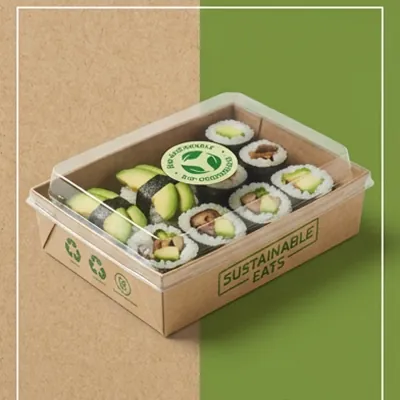 Kraft sushi tray with a clear lid holding vegetable maki rolls